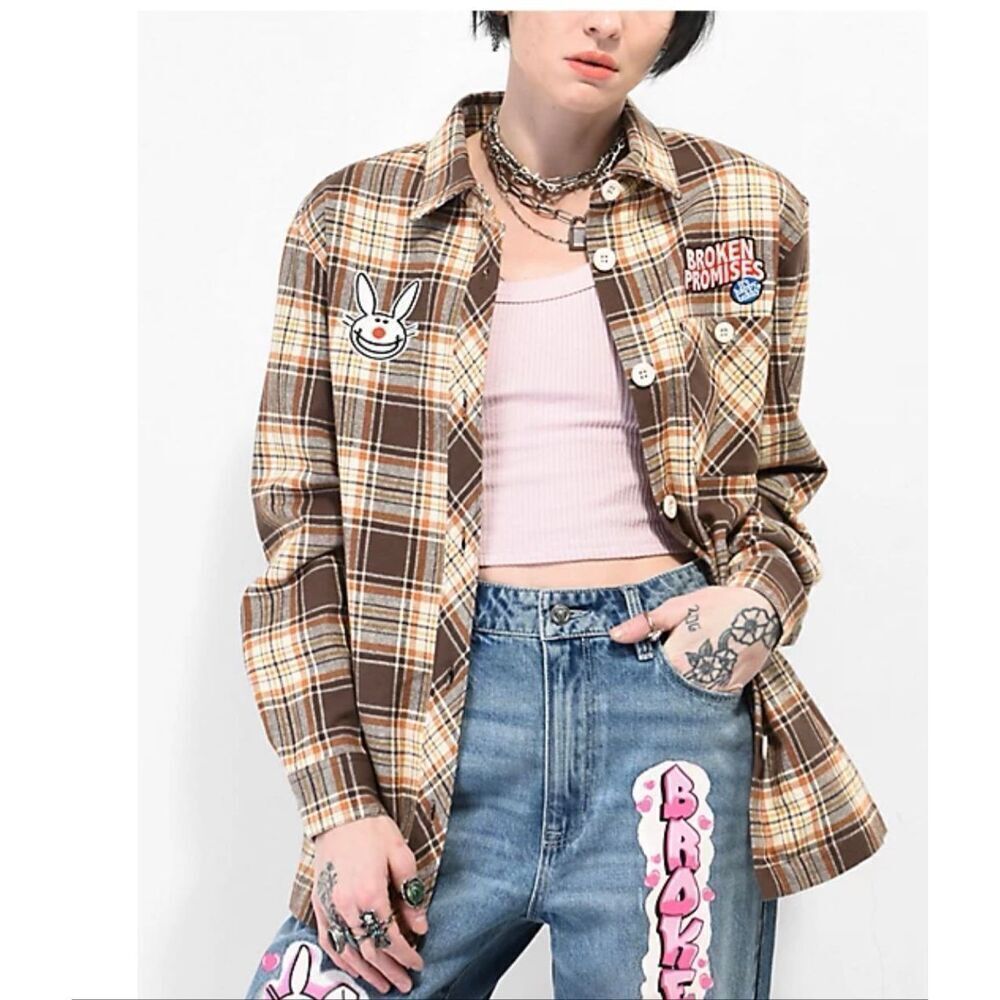 Broken Promises x Happy Bunny Graffiti Shacket Brown Flannel Shirt Jacket Size L